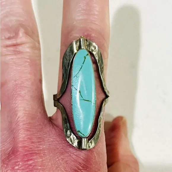 RARE VTG Reversible Artisan Ring, Tibetan Silver,Dual Turquoise Cabochons, Sz 9 - Picture 11 of 11